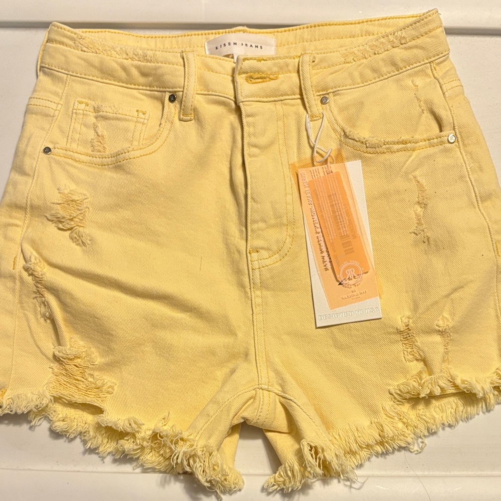 NWT RISEN JEANS: Yellow Distressed Women Shorts